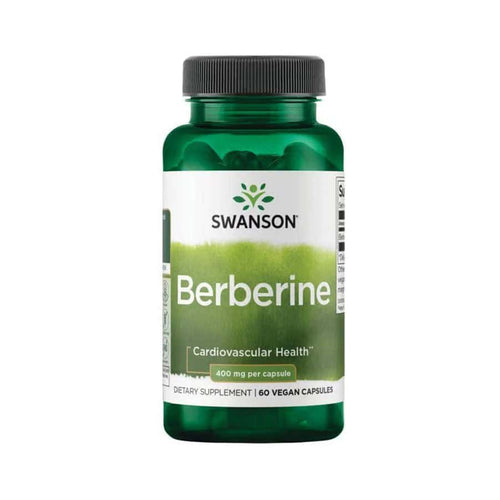 Frasco de Swanson Berberina de 400 mg con 60 cápsulas, un suplemento natural para el apoyo metabólico y el equilibrio del azúcar en sangre.