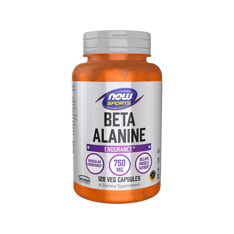 Beta-alanina 750 mg, 120 cápsulas, NOW Foods, un suplemento con beta-alanina CarnoSyn® para favorecer la resistencia muscular durante el entrenamiento.