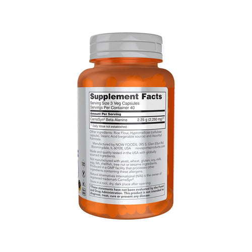 Beta-alanina 750 mg, 120 cápsulas, NOW Foods, un suplemento con beta-alanina CarnoSyn® para favorecer la resistencia muscular durante el entrenamiento.
