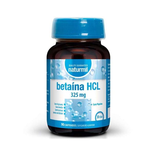 Frasco de betaína HCL de 325 mg, 90 comprimidos, Naturmil – Complemento alimenticio con pepsina para favorecer la digestión, sin azúcar, sin almidón, sin lactosa y sin gluten.
