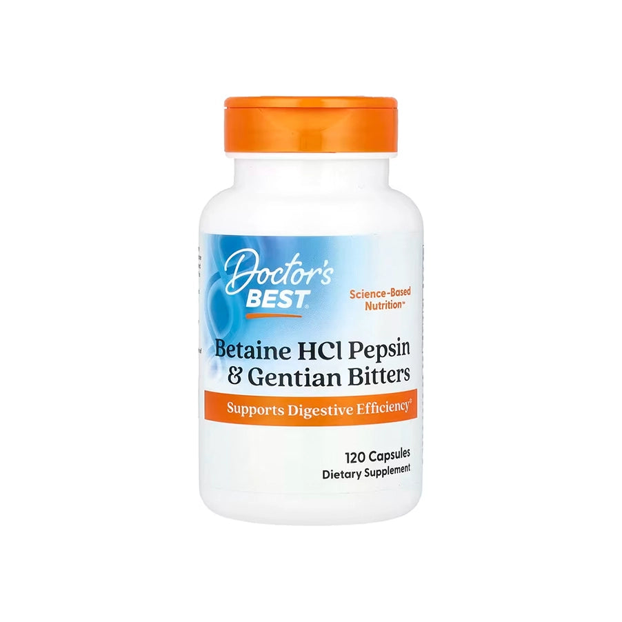 Betaine HCl Pepsin e Gentian Bitters 120 Cápsulas Doctor's Best suplemento alimentar com betaína HCl, pepsina e genciana