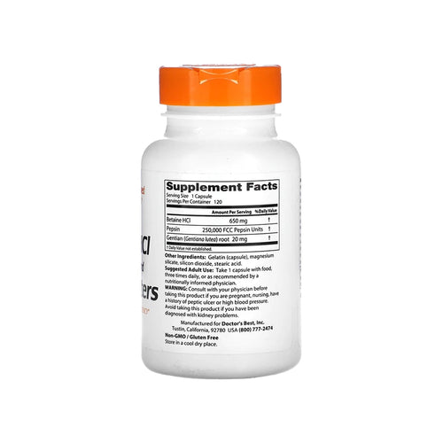 Betaine HCl Pepsin e Gentian Bitters 120 Cápsulas Doctor's Best suplemento alimentar com betaína HCl, pepsina e genciana
