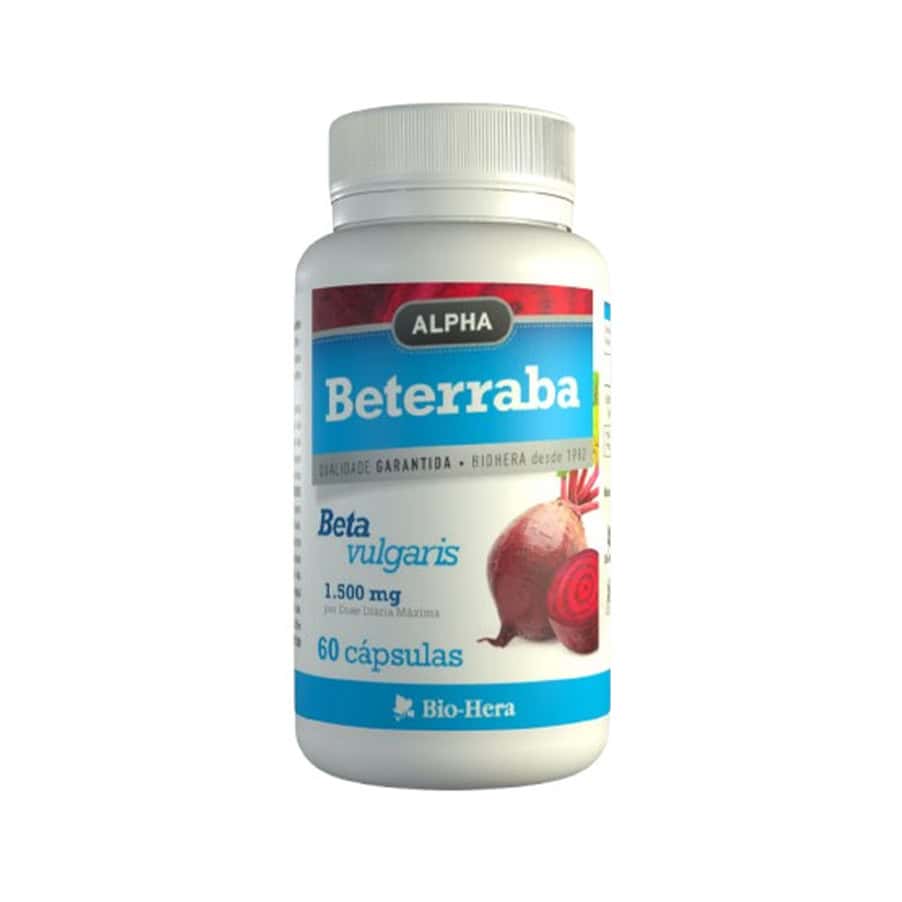 Frasco de Beterraba 1500mg BioHera com 60 cápsulas, suplemento natural concentrado para vitalidade e desempenho.