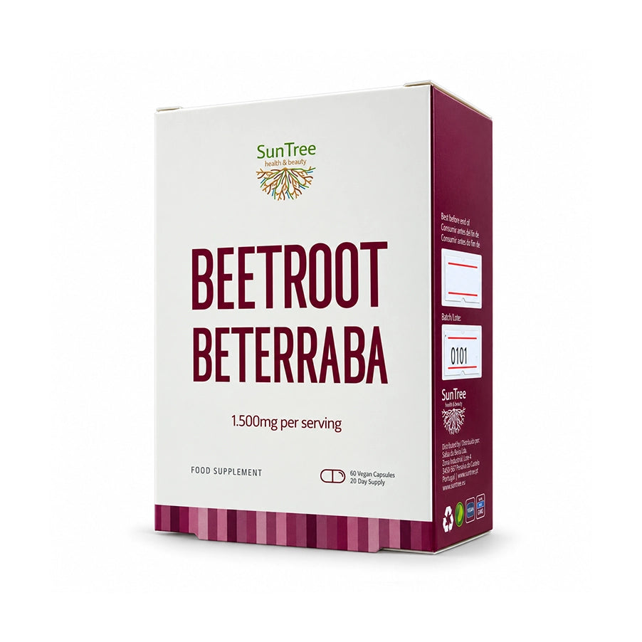 Beterraba 60 cápsulas da SunTree, suplemento alimentar à base de beterraba em formato prático para utilização diária.