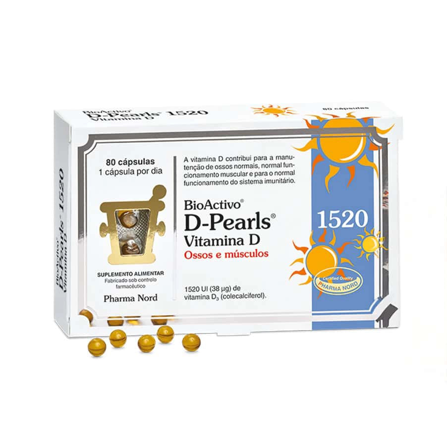 BioActivo Vitamina D 1520UI 80 Cápsulas Pharma Nord, suplemento com vitamina D3 em cápsulas de gelatina mole dissolvida em azeite.