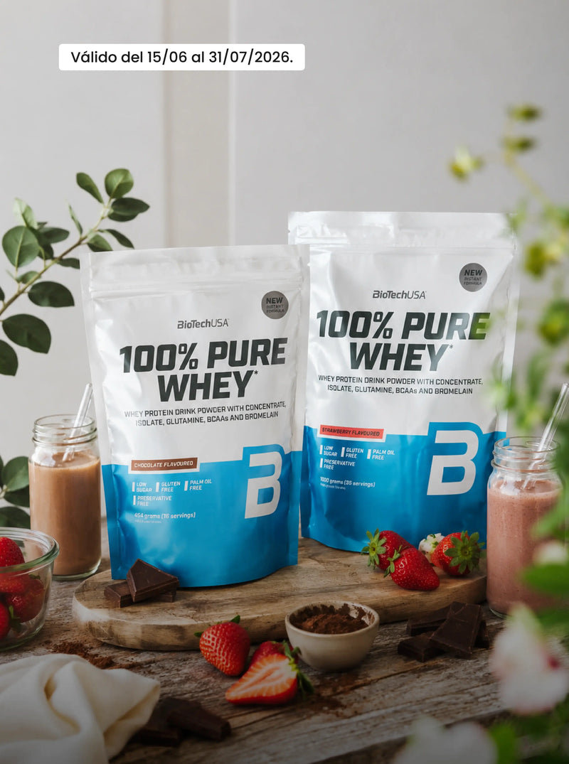Banner promocional da Biotech USA com proteína 100% Pure Whey, com até 26% de desconto, válido de 15/06 a 31/07/2026.