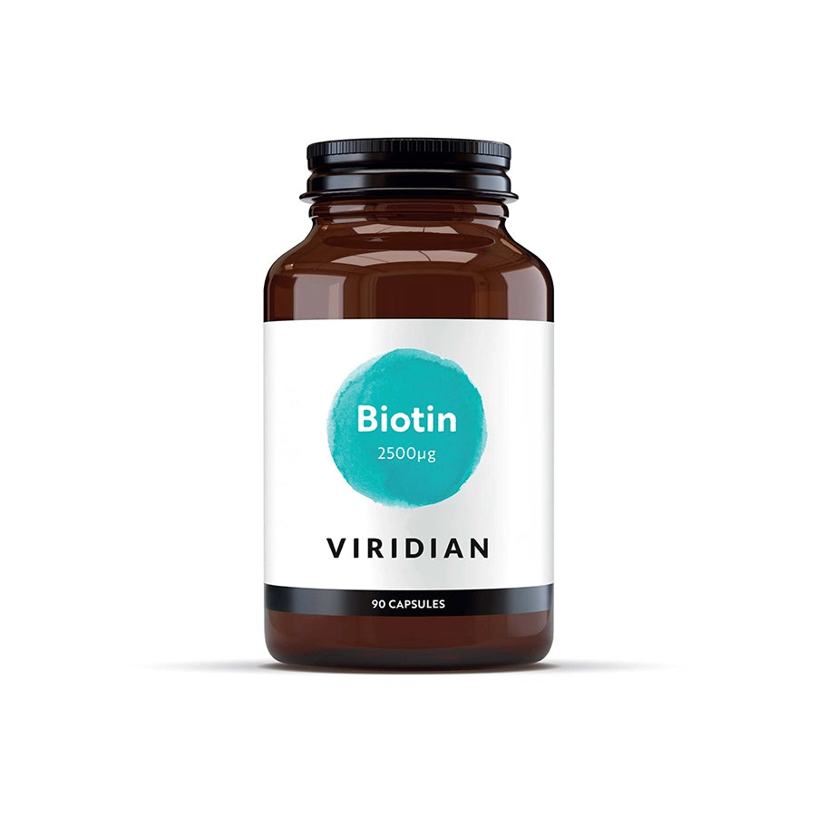 Biotina 2500mcg 90 Cápsulas Viridian, suplemento vegan com biotina em base de alfafa, spirulina e mirtilo para cabelo, pele e unhas.