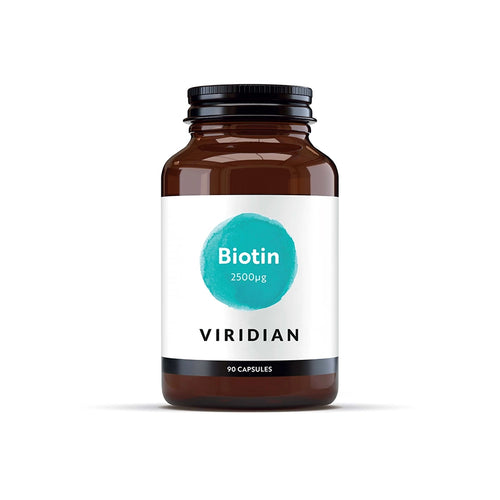 Biotina 2500mcg 90 Cápsulas Viridian, suplemento vegan com biotina em base de alfafa, spirulina e mirtilo para cabelo, pele e unhas.