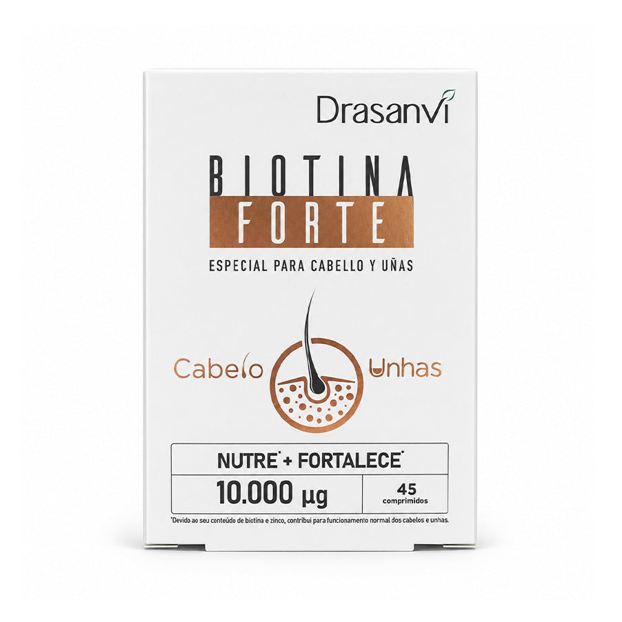 O Biotina Forte 10.000 µg da Drasanvi é um suplemento alimentar em comprimidos, formulado para complementar a tua rotina de cuidado do cabelo, pele e unhas.