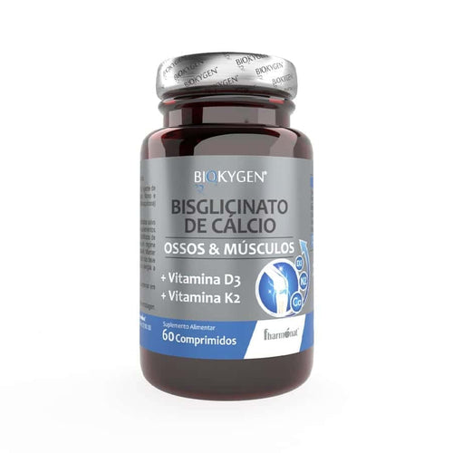 Envase para Biokygen Bisglicinato de Calcio, 60 comprimidos, con un moderno diseño en blanco y azul, ideal para fortalecer los huesos y favorecer la salud en general.