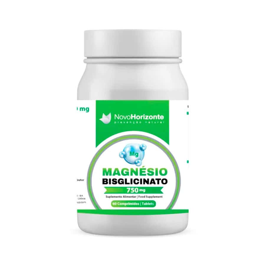 Frasco de bisglicinato de magnesio con 60 comprimidos de Novo Horizonte, un complemento alimenticio para el apoyo muscular y nervioso y la reducción de la fatiga.