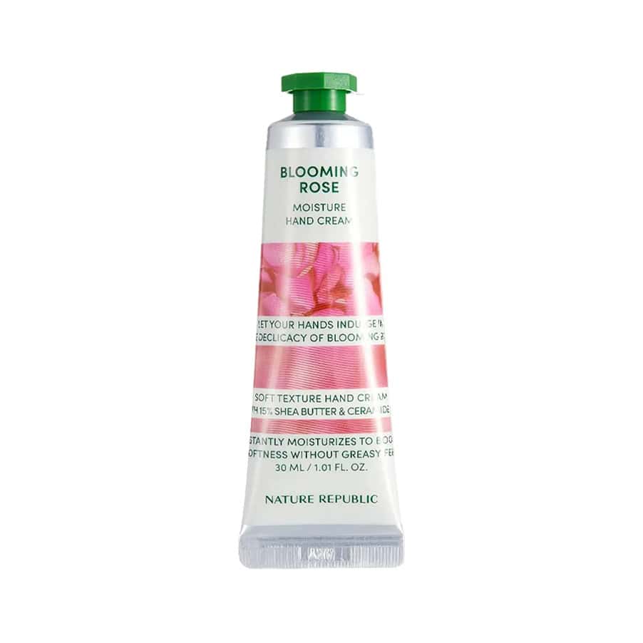 Creme de mãos hidratante Blooming Rose 30ml da Nature Republic com fragrância floral de rosa e embalagem delicada.