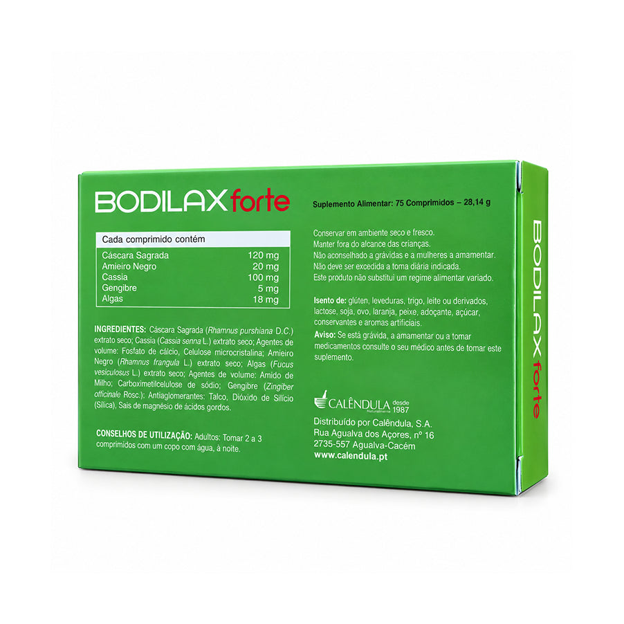 Bodilax Forte Calêndula, suplemento alimentar com cáscara-sagrada, sene e gengibre, em embalagem de 75 comprimidos.