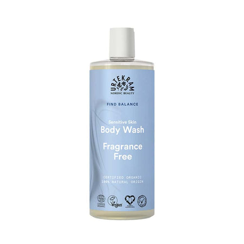 Gel de ducha sin perfume para pieles sensibles, 500 ml, de Urtekram, en botella verde.