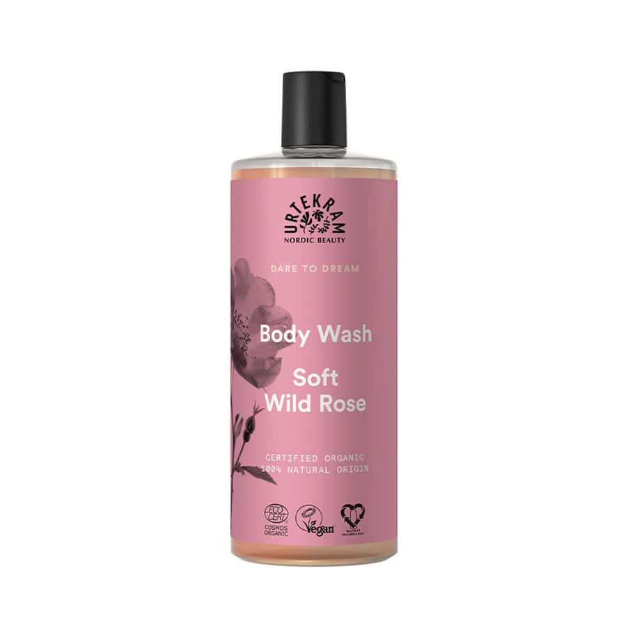 Gel de Banho Rosa Selvagem 500ml da Urtekram em frasco verde.