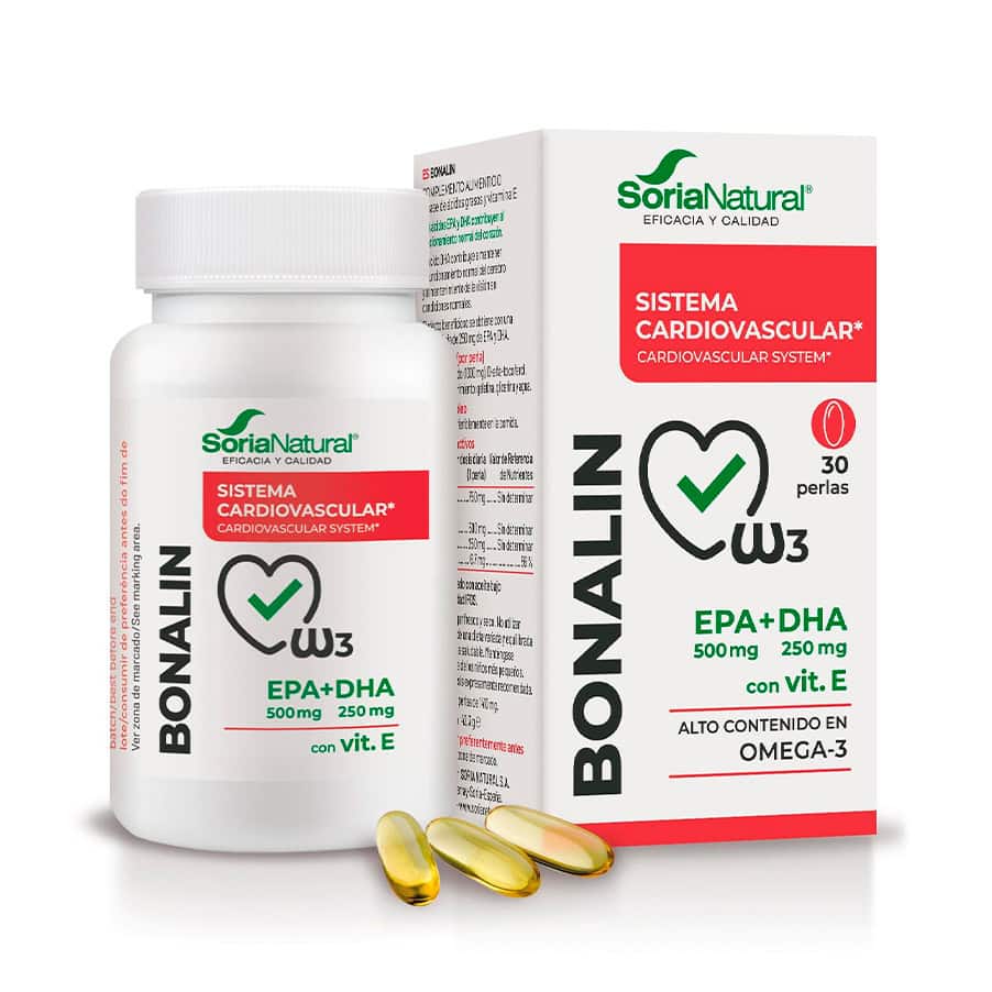 Frasco de Bonalin EPA+DHA con vitamina E, 30 perlas de Soria Natural, un suplemento para el apoyo cardiovascular y cerebral.