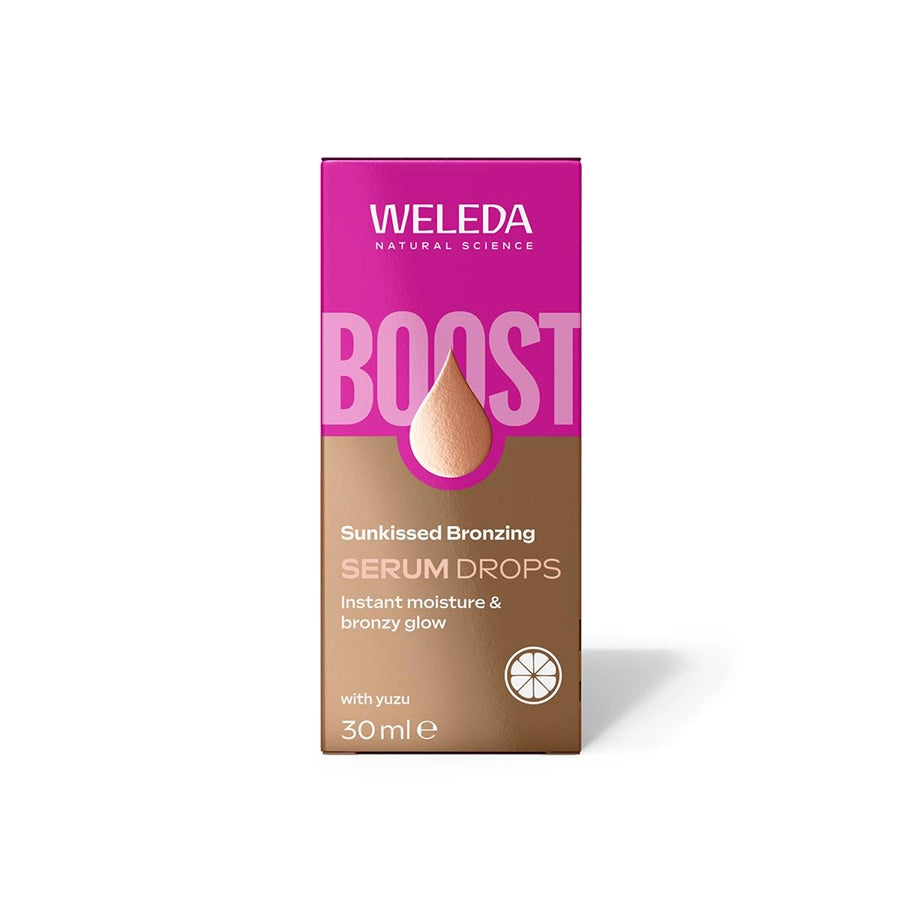 Booster Sérum Drops Bronzeador 30ml Weleda, sérum facial com pigmentos minerais, aloe vera, ácido hialurónico e óleo de alperce para um efeito bronzeado luminoso.