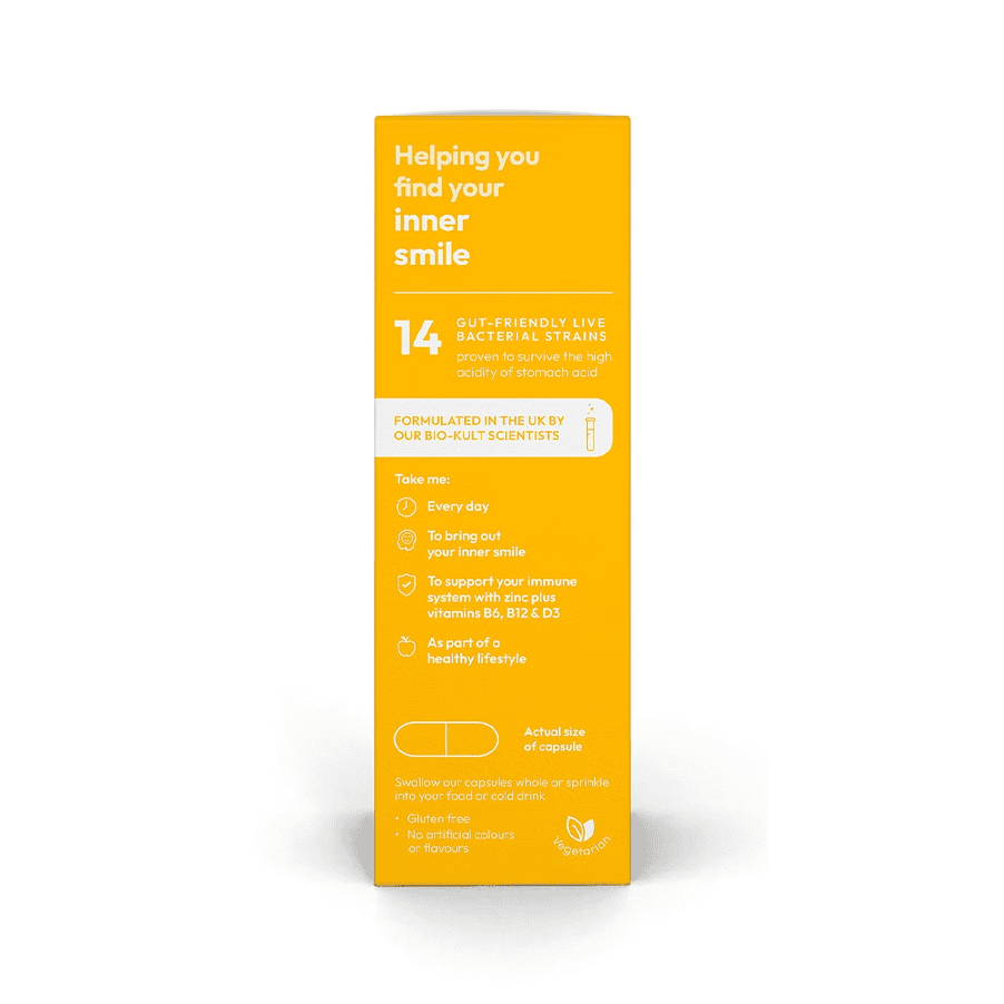 bio-kult brighten frasco branco com 60 cápsulas probióticas, suplemento alimentar para bem-estar emocional e imunidade