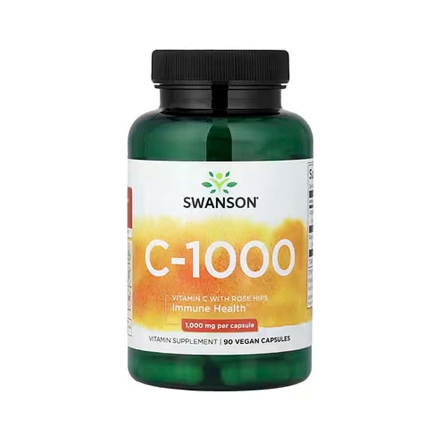 Vitamina C 1000 mg com roseira brava Swanson em cápsulas, frasco com 90 cápsulas para suporte imunitário e antioxidante