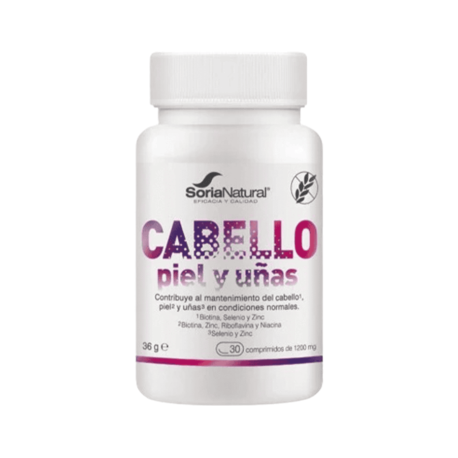"Frasco do Cabelo, Pele e Unhas com 30 comprimidos da Soria Natural, suplemento para fortalecimento e nutrição da beleza natural.