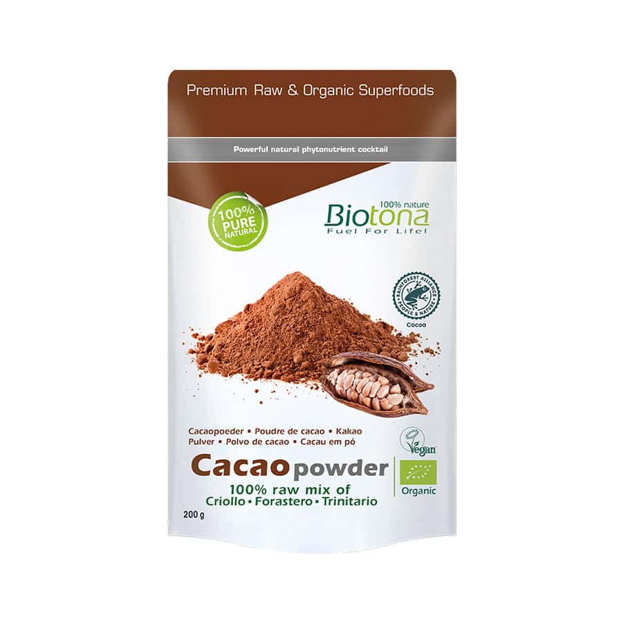 Embalagem do Cacau 100% Raw em Pó 200g da Biotona, superalimento biológico rico em antioxidantes e magnésio.