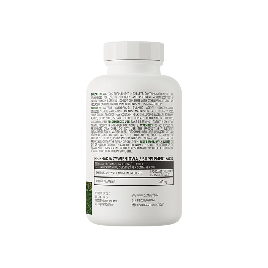 A Cafeína 200mg 200 Comprimidos OstroVit é um suplemento alimentar em comprimidos com cafeína.
