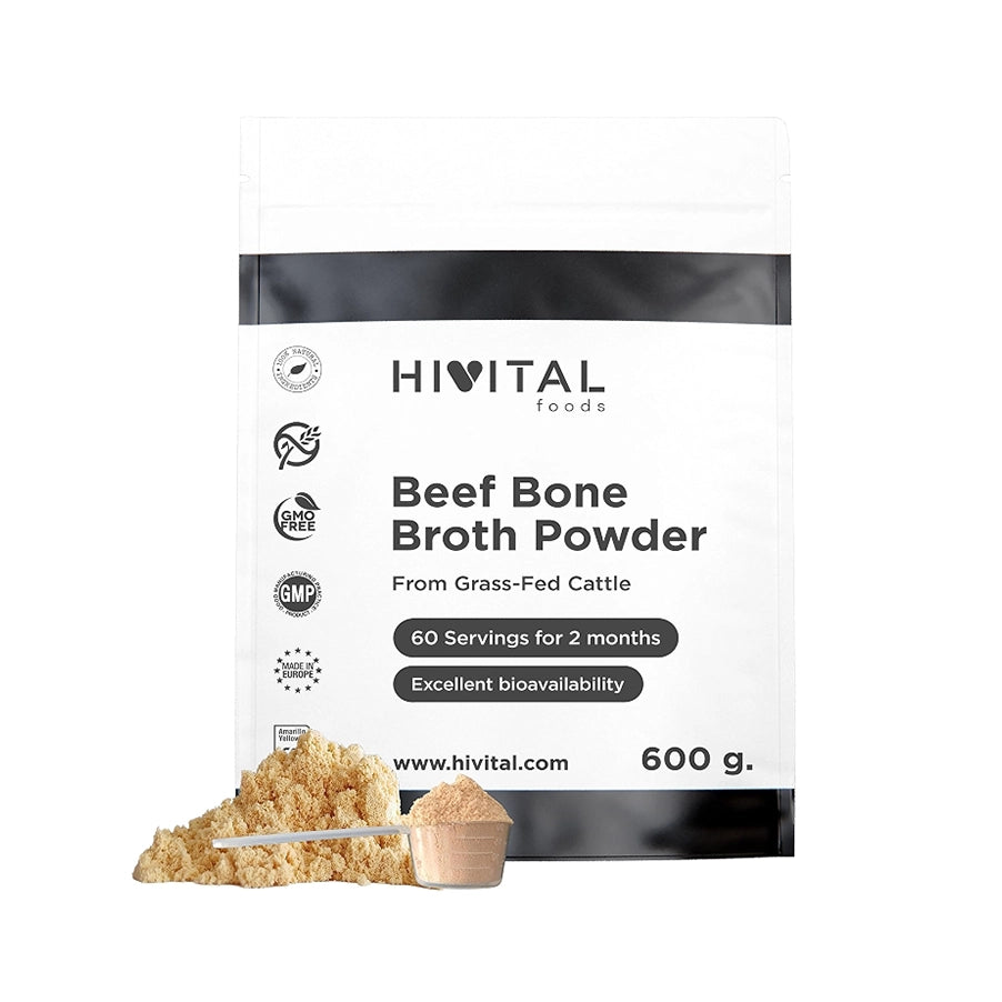 Caldo de Ossos Concentrado de Bovino 600gr Hivital, proteína de caldo de ossos bovino em pó rica em colagénio e aminoácidos.