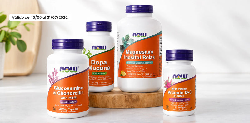 Banner promocional NOW Foods com suplementos alimentares em destaque, válido de 15/06 a 31/07/2026.