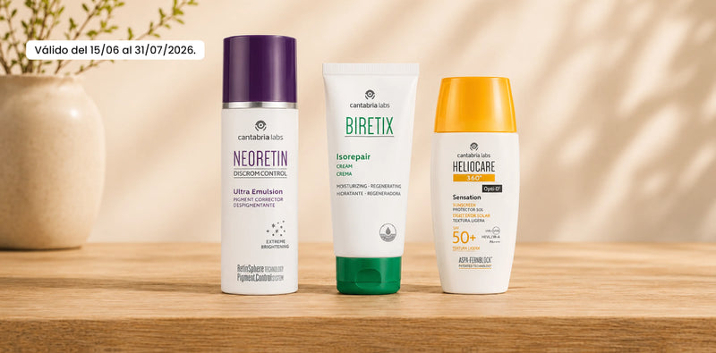 Banner promocional da Cantabria Labs com produtos Neoretin, Biretix e Heliocare, com até 23% de desconto, válido de 15/06 a 31/07/2026.