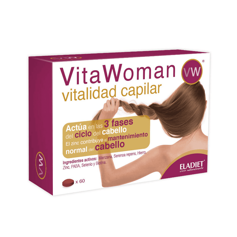 Frasco do Vita Woman Vitalidade Capilar com 60 comprimidos da Eladiet, suplemento para fortalecimento e crescimento saudável dos cabelos.