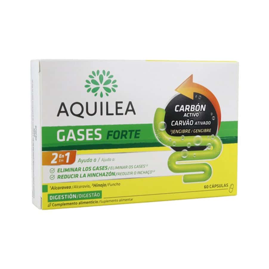 Embalagem de Aquilea Gases Forte 60 cápsulas, suplemento com carvão ativado, funcho e anis que ajuda a reduzir gases e sensação de inchaço.