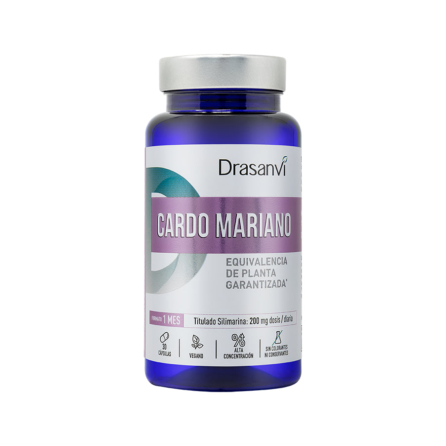 Cardo Mariano 30 Cápsulas Drasanvi, suplemento alimentar com extrato de sementes de Silybum marianum, naturalmente rico em silimarina.