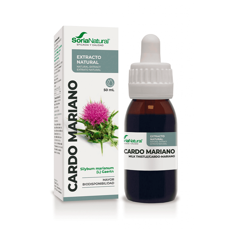 Extracto natural de cardo mariano Soria, botella de 50 ml, un suplemento líquido para el apoyo hepático y la desintoxicación natural.