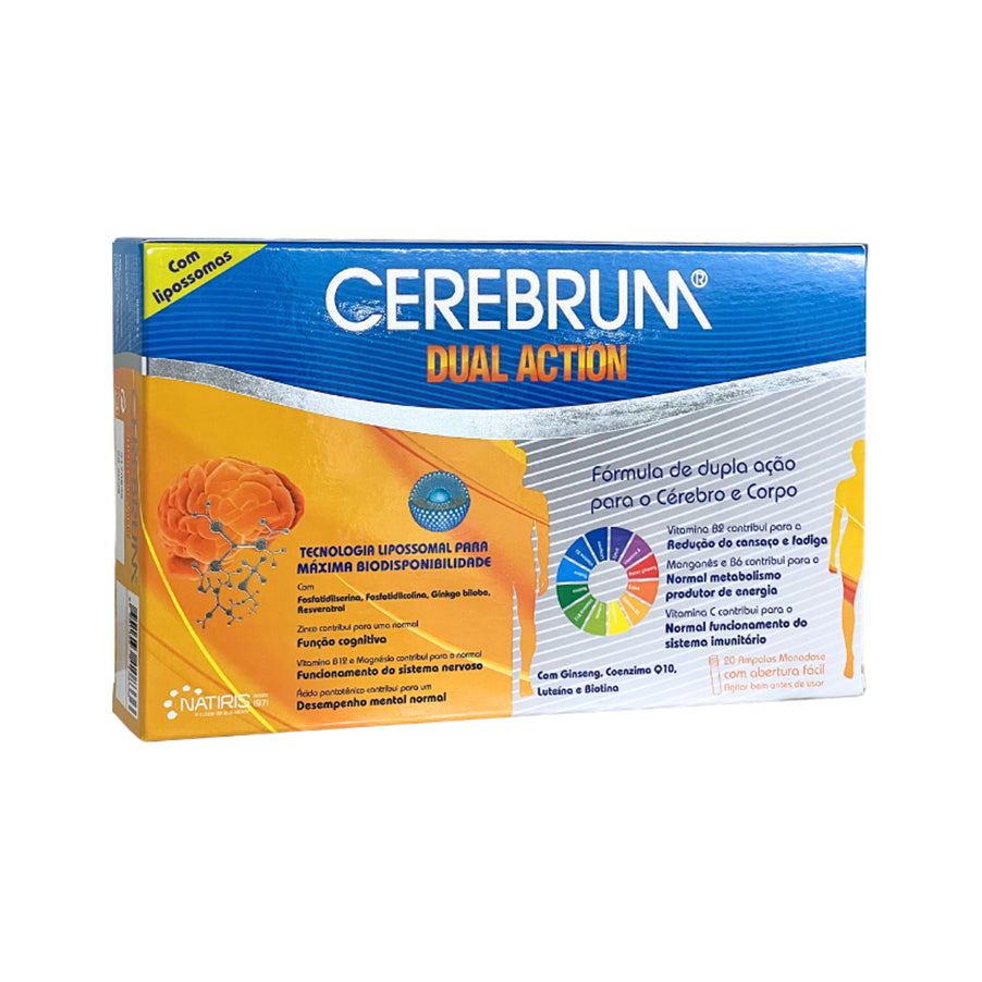 Cerebrum Dual Action Natiris, suplemento alimentar com colina, coenzima Q10, vitaminas e minerais, em embalagem de 20 ampolas.