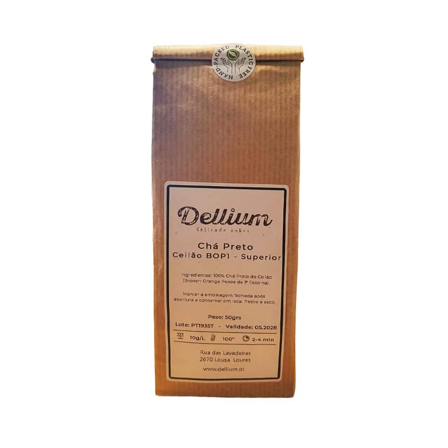 Chá Preto Ceilão 50g Dellium em embalagem, folhas de chá preto de Ceilão para infusão aromática e estimulante.
