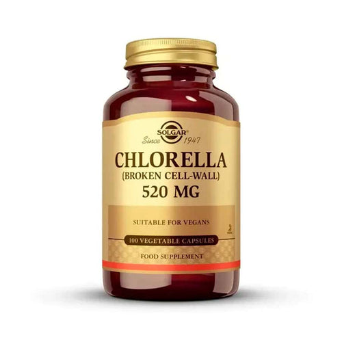 Solgar Chlorella 520 mg, frasco con 100 cápsulas, un suplemento natural para la desintoxicación y el apoyo nutricional.
