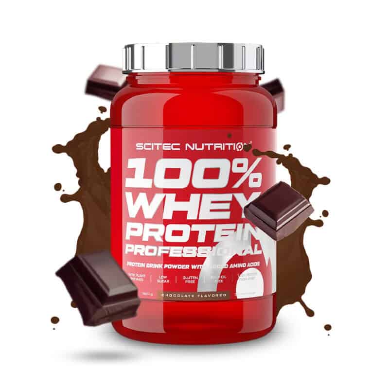 100% Whey Protein Professional Chocolate 920 g da Scitec Nutrition, proteína de soro de leite em pó com sabor a chocolate.
