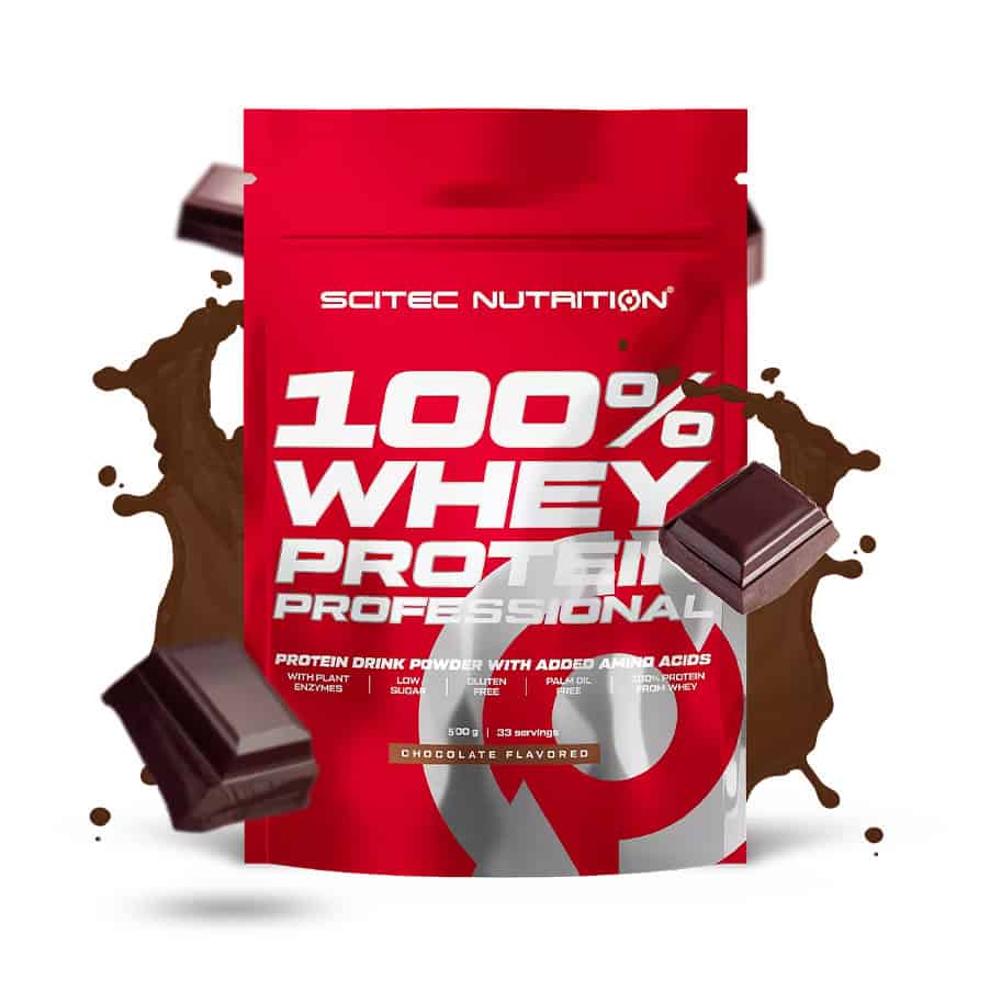 100% Whey Protein Professional Chocolate 500 g da Scitec Nutrition, proteína de soro de leite em pó com sabor a chocolate.
