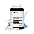Frasco de 120 cápsulas de ácido hialurónico puro de 400 mg de la marca Hivital, un suplemento para la hidratación y regeneración de la piel, las articulaciones y los tejidos.