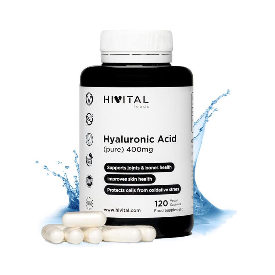 Frasco de 120 cápsulas de ácido hialurónico puro de 400 mg de la marca Hivital, un suplemento para la hidratación y regeneración de la piel, las articulaciones y los tejidos.