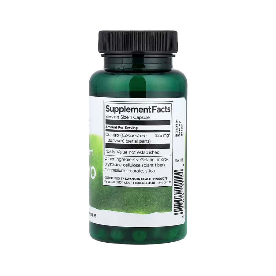 Coentro 425 mg Swanson em cápsulas, frasco com 60 cápsulas para apoio digestivo e desintoxicação natural