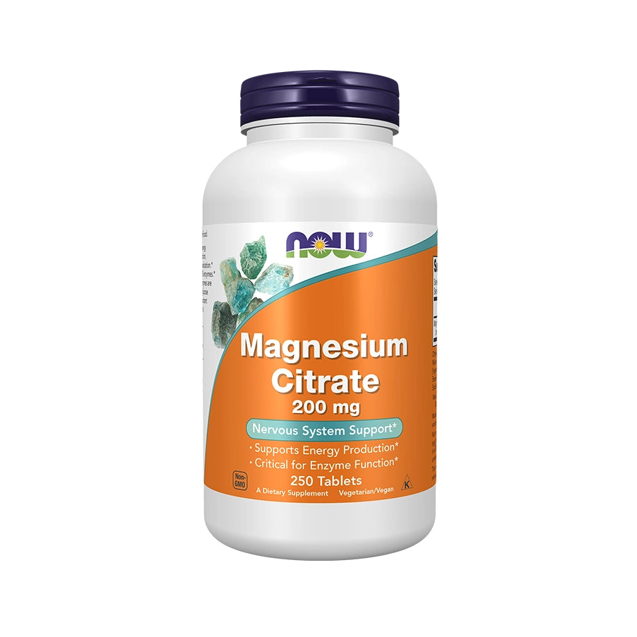 Citrato de Magnésio 200mg da Now Foods, suplemento de magnésio em comprimidos.