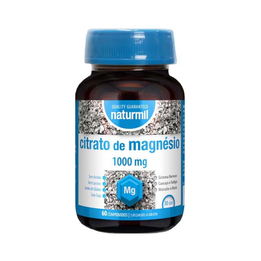 Frasco do Citrato de Magnésio 200mg com 60 comprimidos da Naturmil, suplemento para suporte muscular, ósseo e neurológico.