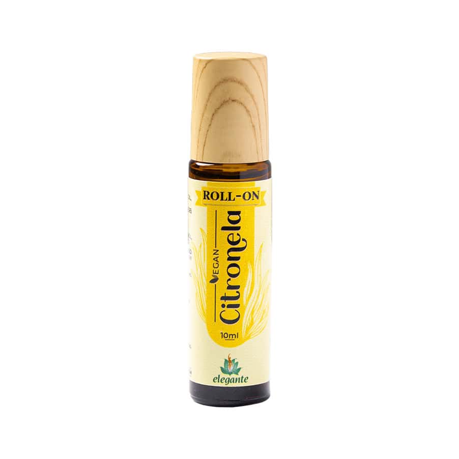 Frasco do Roll-On Citronela 10ml da Elegante F. J. Campos, óleo essencial natural com ação repelente e aroma fresco.