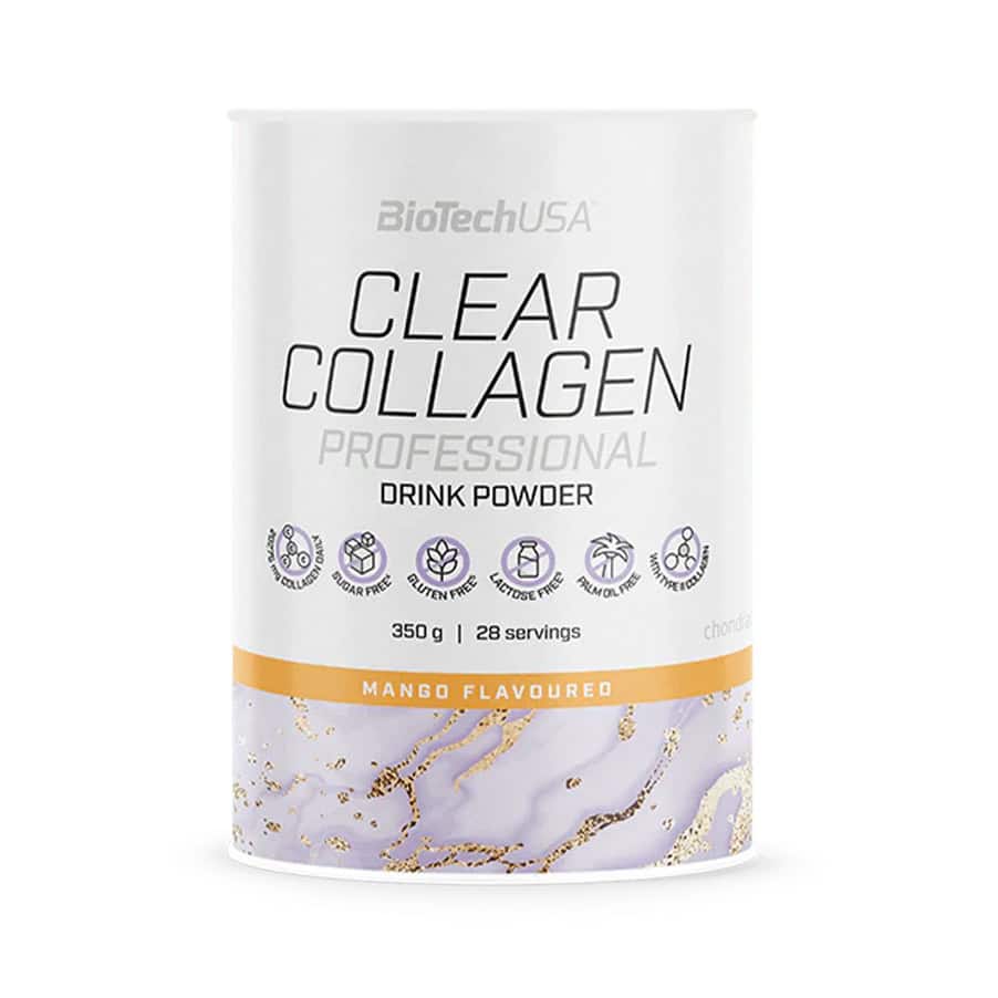 Embalagem do Clear Collagen Professional Drink Powder 350g sabor manga da Biotech USA, suplemento de colagénio hidrolisado em pó.
