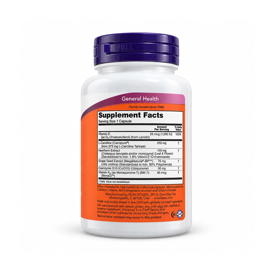 Clinical Cardio 90 cápsulas da NOW Foods, suplemento alimentar com L-carnitina, espinheiro-alvar, extrato de grainha de uva, coenzima Q10, vitamina D3 e vitamina K2.