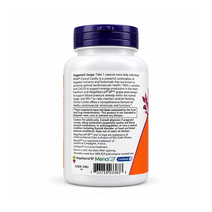 Clinical Cardio 90 cápsulas da NOW Foods, suplemento alimentar com L-carnitina, espinheiro-alvar, extrato de grainha de uva, coenzima Q10, vitamina D3 e vitamina K2.