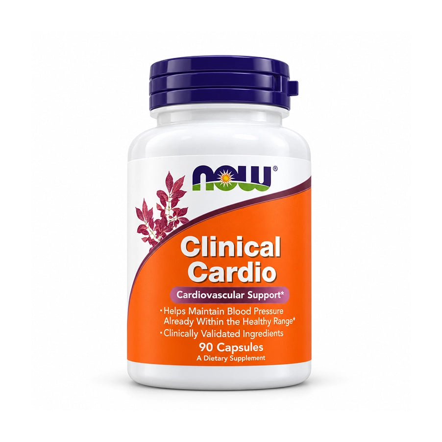 Clinical Cardio 90 cápsulas da NOW Foods, suplemento alimentar com L-carnitina, espinheiro-alvar, extrato de grainha de uva, coenzima Q10, vitamina D3 e vitamina K2.