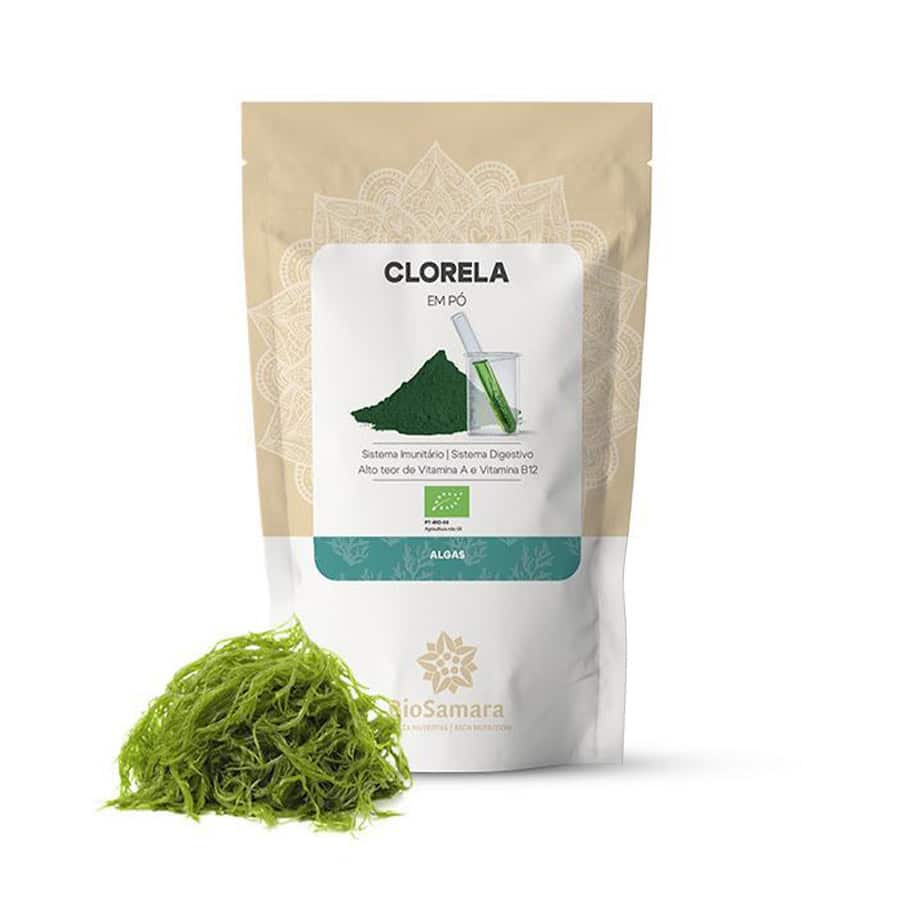 Clorela em pó 125g BioSamara em embalagem doypack, suplemento alimentar verde rico em nutrientes naturais.