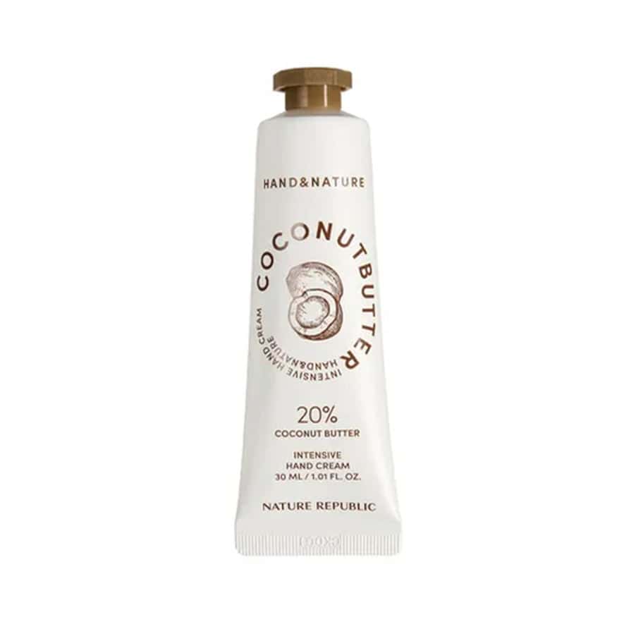 Creme de mãos intensivo Manteiga de Coco 30ml da Nature Republic com textura nutritiva e embalagem tropical.